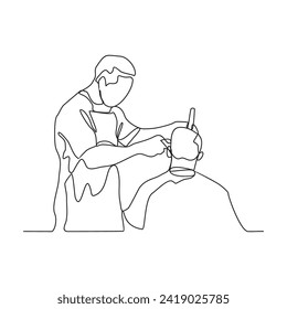 One continuous line drawing of a barber is shaving his customer in the barbershop vector illustration. Barbershop activity illustration in simple linear style vector concept. suitable for your asset.