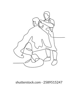 One continuous line drawing of a barber is shaving his customer in the barbershop vector illustration. Barbershop activity illustration in simple linear style vector design concept. God design asset.