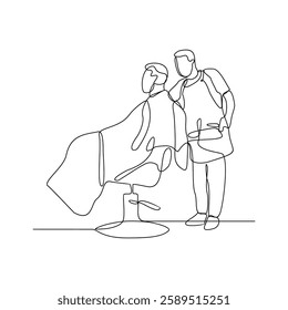 One continuous line drawing of a barber is shaving his customer in the barbershop vector illustration. Barbershop activity illustration in simple linear style vector design concept. God design asset.