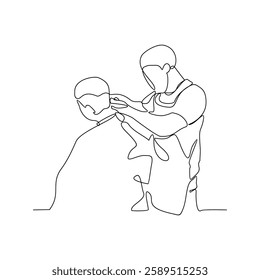 One continuous line drawing of a barber is shaving his customer in the barbershop vector illustration. Barbershop activity illustration in simple linear style vector design concept. God design asset.