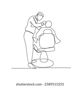 One continuous line drawing of a barber is shaving his customer in the barbershop vector illustration. Barbershop activity illustration in simple linear style vector design concept. God design asset.