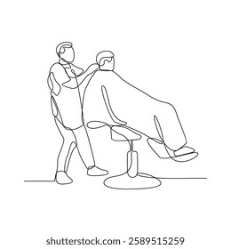 One continuous line drawing of a barber is shaving his customer in the barbershop vector illustration. Barbershop activity illustration in simple linear style vector design concept. God design asset.