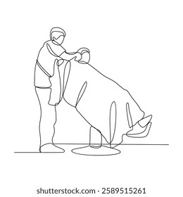 One continuous line drawing of a barber is shaving his customer in the barbershop vector illustration. Barbershop activity illustration in simple linear style vector design concept. God design asset.