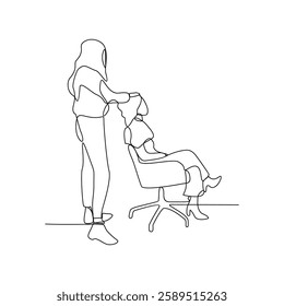 One continuous line drawing of a barber is shaving his customer in the barbershop vector illustration. Barbershop activity illustration in simple linear style vector design concept. God design asset.