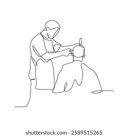 One continuous line drawing of a barber is shaving his customer in the barbershop vector illustration. Barbershop activity illustration in simple linear style vector design concept. God design asset.