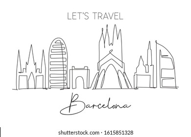 One continuous line drawing of Barcelona city skyline, Spain. Beautiful skyscraper. World landscape tourism travel vacation wall decor poster print. Stylish single line draw design vector illustration