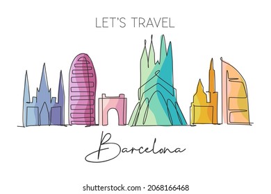 One continuous line drawing of Barcelona city skyline, Spain. Beautiful skyscraper. World landscape tourism travel vacation wall decor poster print. Stylish single line draw design vector illustration