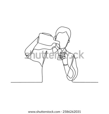 One continuous line drawing of Bartender in the pub vector illustration. Mixed beverage activity design in simple linear continuous style vector concept. nightlife activity for your asset design