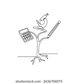 One continuous line drawing of basic education concept vector illustration. The design is showing the depicts intellectual growth. The leaves are in the form of symbols: pencil, calculator, microscope