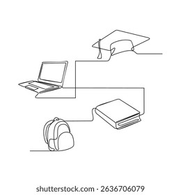 One continuous line drawing of basic education concept vector illustration. The design is showing the progressiveness of learning which start from elementary school until the graduation university.