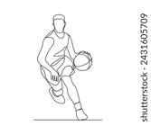 One continuous line drawing of Basketball player vector illustration. the player asks dribbling the ball, passing the ball, and shooting the ball at the hoop. Sports design concept vector illustration