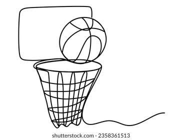 One continuous line drawing of basketball hoop with a ball. Sport, running, ball sports, activity, athlete, game, training, basket, jump, play. Editable stroke. Outline vector illustration