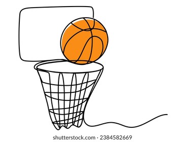 One continuous line drawing of basketball hoop with a ball. Sport, running, ball sports, activity, athlete, game, training, basket, jump, play. Editable stroke. Outline vector illustration