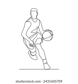 One continuous line drawing of Basketball player vector illustration. the player asks dribbling the ball, passing the ball, and shooting the ball at the hoop. Sports design concept vector illustration