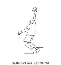 One continuous line drawing of Basketball player vector illustration. the player asks dribbling the ball, passing the ball, and shooting the ball at the hoop. Sports design concept vector illustration
