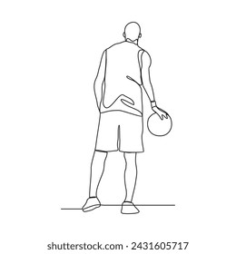 One continuous line drawing of Basketball player vector illustration. the player asks dribbling the ball, passing the ball, and shooting the ball at the hoop. Sports design concept vector illustration