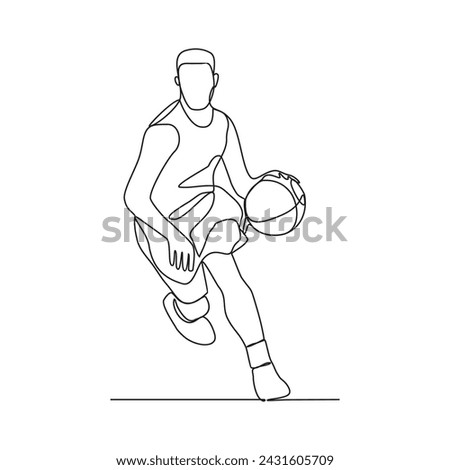 One continuous line drawing of Basketball player vector illustration. the player asks dribbling the ball, passing the ball, and shooting the ball at the hoop. Sports design concept vector illustration