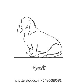 One continuous line drawing of basset vector illustration. Type of Dog themes design concept with simple linear style vector. Dogs are domesticated mammals, loyalty and companionship to humans.