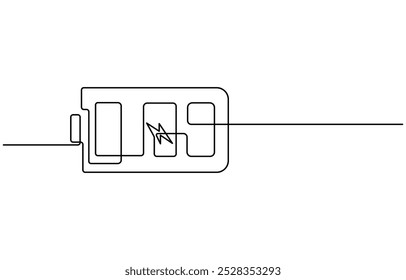 Eine durchgehende Linie Zeichnung der Batterieladung. Blitz-Bolzen-Symbol und Strom-Energie-Typ-Zeichen in einfachen linearen Stil. Bearbeitbarer Strich, Einzeilige Zeichnung der Batterie voll geladen