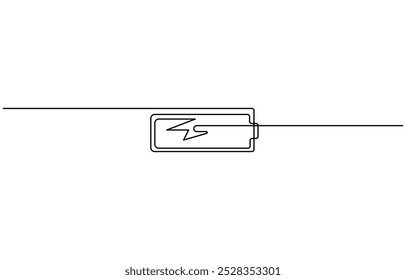 Um desenho de linha contínua de carregamento de bateria. Símbolo de raio e sinal de tipo de energia elétrica em estilo linear simples. Curso editável, desenho de uma linha de bateria cheia de carga