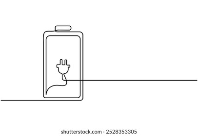 Un dibujo de línea continua de carga de la batería. Símbolo de relámpago y Iniciar sesión de tipo de energía eléctrica estilo lineal simple. Trazo editable, un dibujo de línea de la batería llena de Recargo
