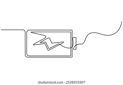 One continuous line drawing of battery charging. Lightning bolt symbol and electricity energy type sign in simple linear style. Editable stroke, One line drawing of battery full of charge
