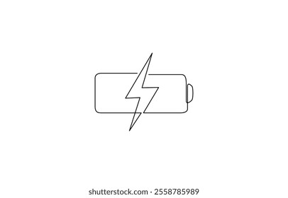 One continuous line drawing of battery charging. Lightning bolt symbol and electricity energy type, Continuous one line drawing of Battery with bolt symbol. Battery single line vector illustration.