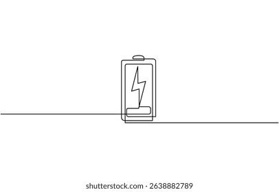 One continuous line drawing of battery charging. Lightning bolt symbol and electricity energy type sign in simple linear style, Battery icon continuous one line drawing, Continuous one line drawing of