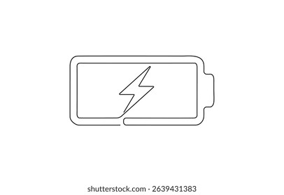 One continuous line drawing of battery charging with lightning bolt energy symbol,  Battery icon continuous one line drawing, outline drawing of Battery with bolt symbol.