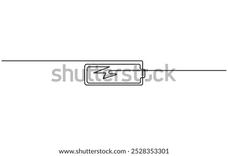 One continuous line drawing of battery charging. Lightning bolt symbol and electricity energy type sign in simple linear style. Editable stroke, One line drawing of battery full of charge