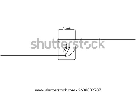 One continuous line drawing of battery charging. Lightning bolt symbol and electricity energy type sign in simple linear style, Battery icon continuous one line drawing, Continuous one line drawing of