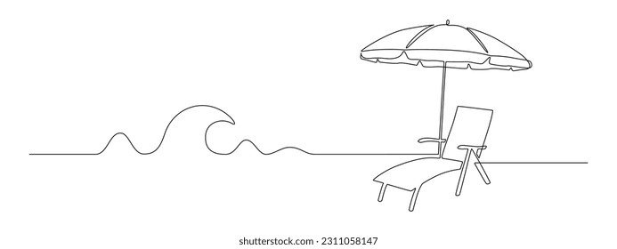 Una línea continua de paraguas de playa y una silla con olas. Concepto de vacaciones de verano y viajes en paraíso isla y mar en un estilo lineal simple. Trazo editable. Ilustración del vector Doodle