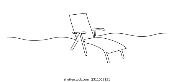 Un plano de línea continua de tumbonas de playa. Concepto de vacaciones de verano y viajes en paraíso isla y mar en un estilo lineal simple. Trazo editable. Ilustración del vector Doodle