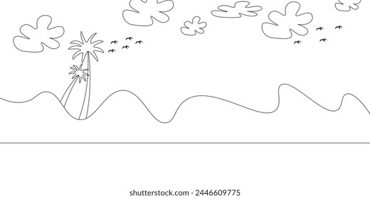One continuous line drawing of beach with palm tree. Abstract tropical landscape with sea and clouds in simple linear style. Travel vacation in editable stroke.