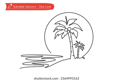 One continuous line drawing of beach, coconut trees on an island with circle as symbol or icon of moon, sun, sunset, sunrise. Vector illustration of simple line drawing of beach and coconut trees.