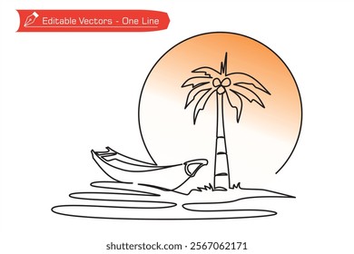 One continuous line drawing of beach scene with boat, coconut trees and sun or moon. Vector illustration of one continuous line drawing of beach, boat, coconut trees, moon, sun as beach tourism icon.