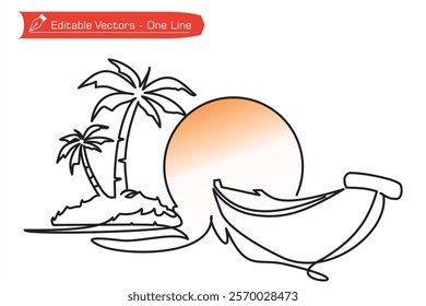 One continuous line drawing of beach, coconut trees, boat and sun, moon. Vector illustration of simple line drawing of beach, boat, coconut trees and full moon, sun. Icon, symbol of beach scene.