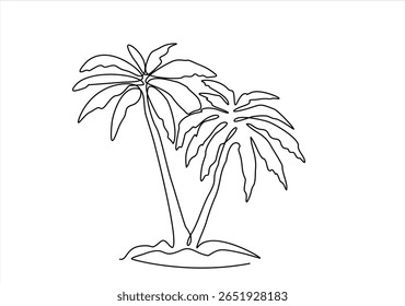 Um desenho de linha contínua da praia com palmeira. Palmeiras em estilo linear simples. Férias de viagem em traço editável. Vetor de uma linha desenhado à mão.	