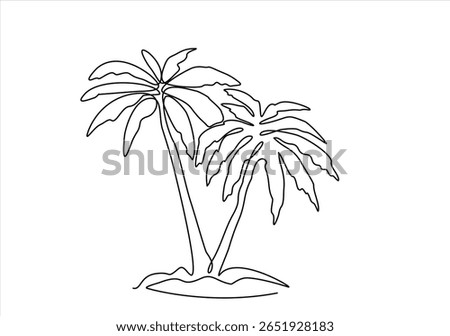 One continuous line drawing of beach with palm tree. Palm trees in simple linear style. Travel vacation in editable stroke. Hand drawn one line vector.	