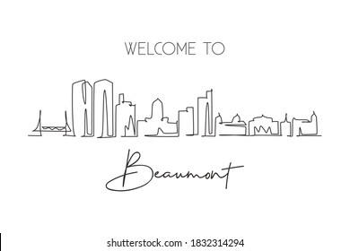 One continuous line drawing Beaumont city skyline, Texas. Beautiful landmark art sign. World landscape tourism travel home wall decor poster print. Stylish single line draw design vector illustration