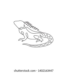 One continuous line drawing of beautiful iguana for company logo identity. Funny reptilian animal mascot concept for pet hobbyist association. Single line draw design illustration vector graphic