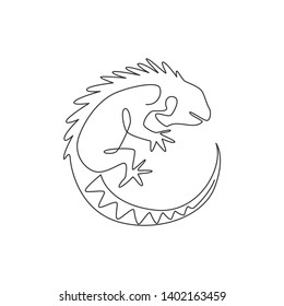 One continuous line drawing of beautiful iguana for company logo identity. Funny reptilian animal mascot concept for pet hobbyist association. Single line draw design vector graphic illustration