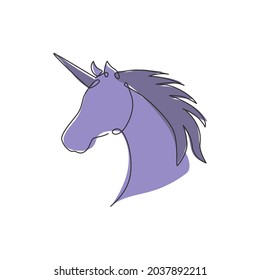 One continuous line drawing of beautiful cute unicorn head for company logo identity. Kids fantasy dream creature concept animal creature. Dynamic single line vector draw design graphic illustration