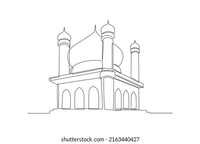 One continuous line drawing of Beautiful  Landscape mosque. Islamic Mosque concept. Single line draw design vector graphic illustration.
