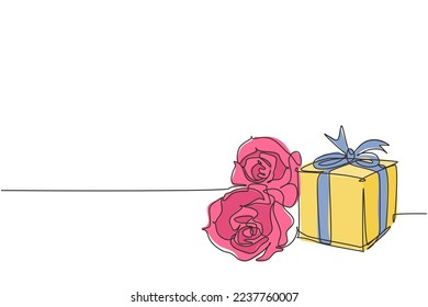One continuous line drawing of beautiful rose flower and gift box with ribbon wrap. Modern greeting card, invitation, logo, banner, poster concept single line draw design graphic vector illustration