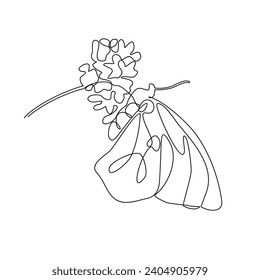 One continuous line drawing of a beautiful flower and butterfly land on that vector illustration. Design with Minimalist black linear design isolated. Flower themes for your business asset design.