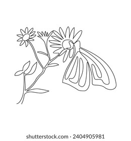 Un dibujo continuo de una hermosa flor y tierra de mariposa en esa ilustración vectorial. Diseño con diseño minimalista lineal negro aislado. Temas de flores para el diseño de activos de su negocio.