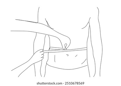 Una línea continua de dibujo 
 Hombre atlético hermoso del cuerpo que mide sus parámetros de la figura Plantilla del Vector para el diseño en el tema de la pérdida de peso plástica de la cirugía del masaje del cuerpo
