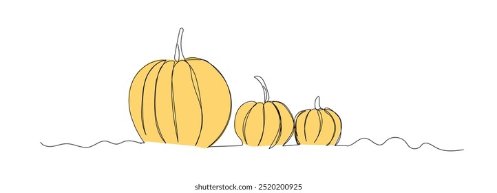 One continuous line drawing of Beautiful  pumpkins. Horizontal border, pumpkin frame for Thanksgiving. Seasonal vector Autumn festival and fall harvest concept. Hand made vector not AI. 
