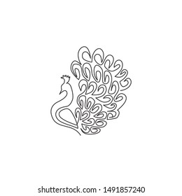 One continuous line drawing of beauty adorable peacock for company logo identity. Big pretty bird mascot concept for national zoo icon. Modern single line draw design vector graphic illustration